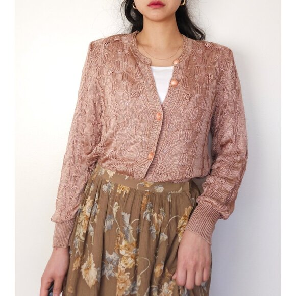 90s vintage silk pointelle embroidered knit cardigan dusty pink - Picture 1 of 13